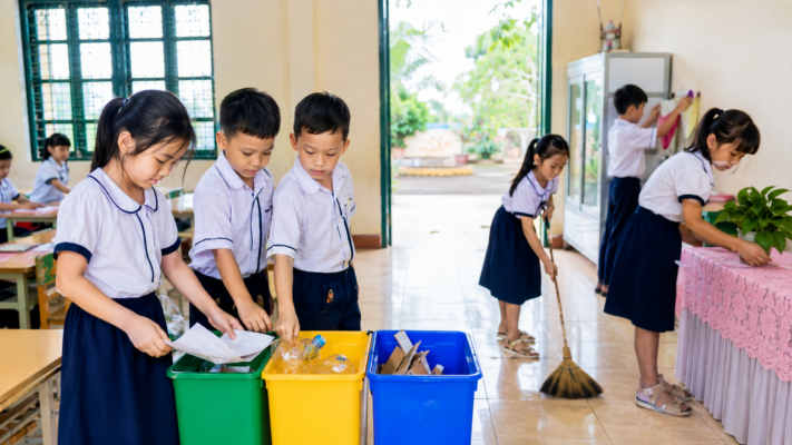 Học sinh chăm sóc cây xanh, vệ sinh và trang trí lớp học.