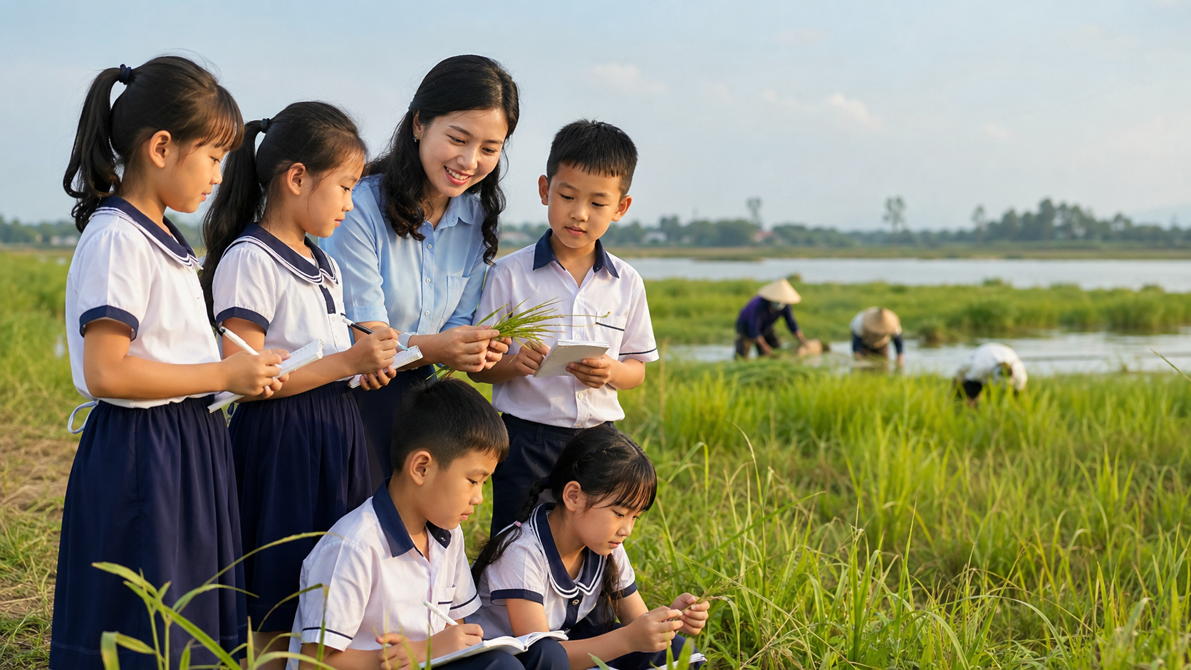 Cánh đồng cói, nét lao động địa phương kết hợp hình ảnh học sinh.