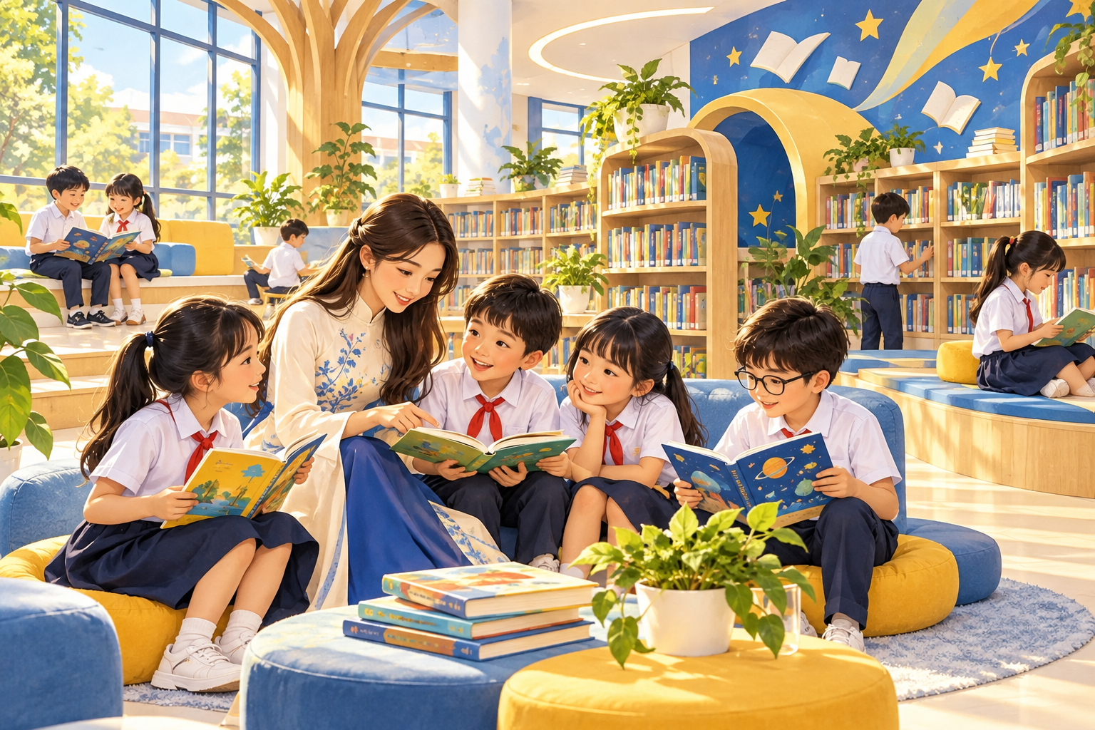 Minh họa AI: cô giáo và học sinh cùng đọc sách trong thư viện